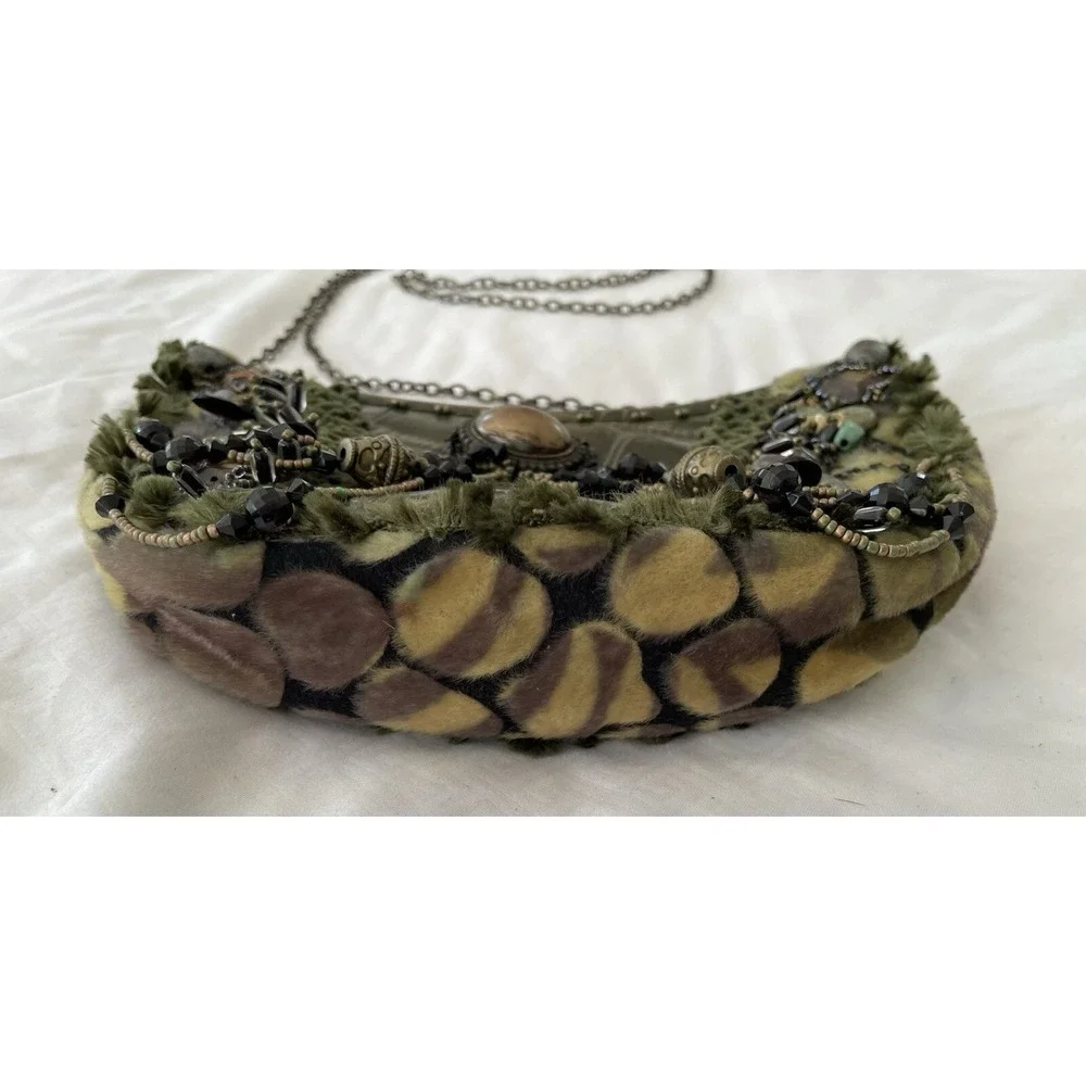 MARY FRANCES Green Leather Croc Highly Embellished Faux Fur Hobo Shoulder Bag